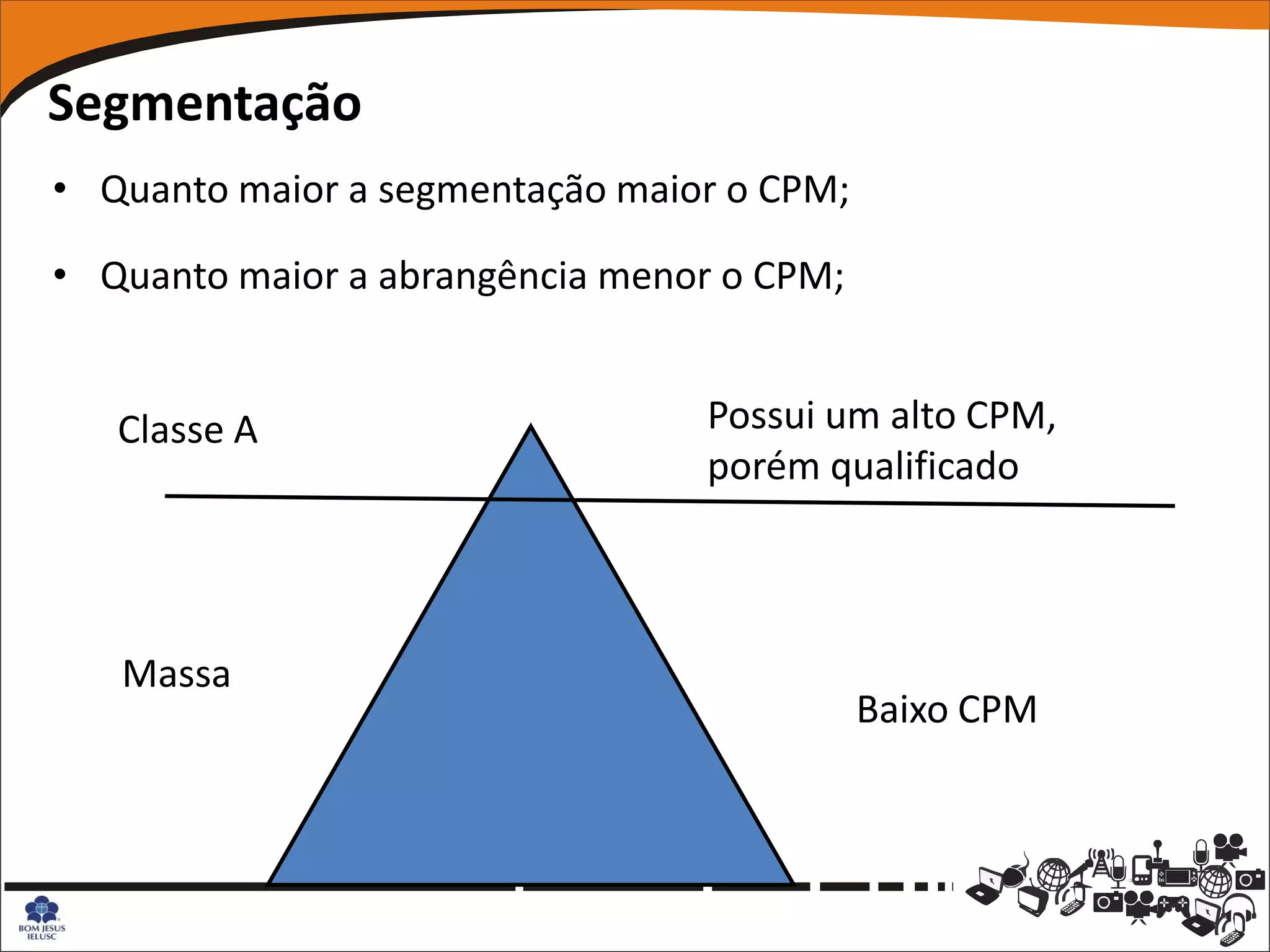 Segmentação
• Quanto maior a segmentação maior o CPM;

• Quanto maior a abrangência menor o CPM;


   Classe A                      Possui um alto CPM,
                                 porém qualificado



   Massa
                                            Baixo CPM
 