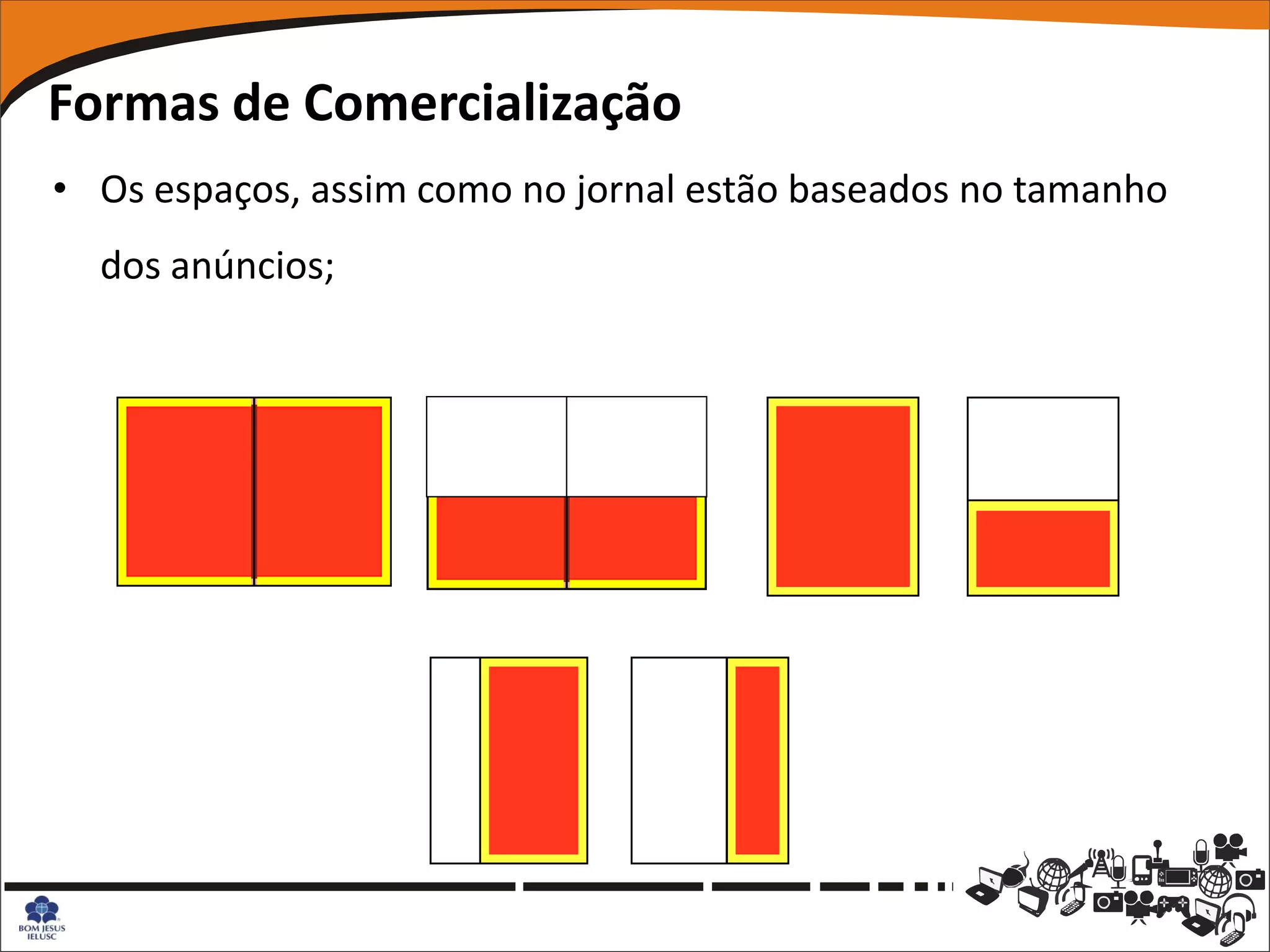Formas de Comercialização
• Os espaços, assim como no jornal estão baseados no tamanho
  dos anúncios;
 