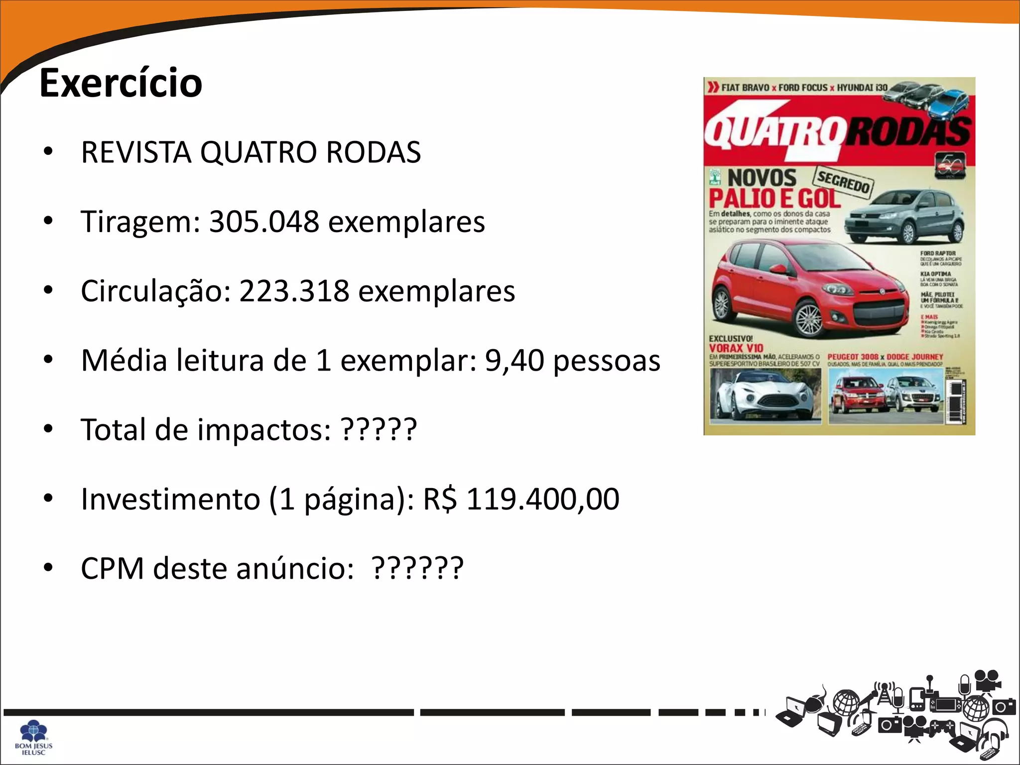 Exercício
• REVISTA QUATRO RODAS

• Tiragem: 305.048 exemplares

• Circulação: 223.318 exemplares

• Média leitura de 1 exemplar: 9,40 pessoas

• Total de impactos: ?????

• Investimento (1 página): R$ 119.400,00

• CPM deste anúncio: ??????
 