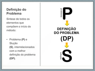 Definição do
Problema
Sintese de todos os
elementos que
compõem o início do
método:


• Problema (P) e
  Slução
  (S), interrelacionados
  com a melhor
  definição do problema
  (DP).
 