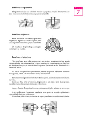 Parafusos não-passantes                                                       A U L A

    São parafusos que não utilizam porcas. O papel de porca é desempenhado
pelo furo roscado, feito numa das peças a ser unida.                               7



    Parafusos de pressão

     Esses parafusos são fixados por meio
de pressão. A pressão é exercida pelas pon-
tas dos parafusos contra a peça a ser fixada.

    Os parafusos de pressão podem apre-
sentar cabeça ou não.



    Parafusos prisioneiros

     São parafusos sem cabeça com rosca em ambas as extremidades, sendo
recomendados nas situações que exigem montagens e desmontagens freqüen-
tes. Em tais situações, o uso de outros tipos de parafusos acaba danificando a
rosca dos furos.

    As roscas dos parafusos prisioneiros podem ter passos diferentes ou senti-
dos opostos, isto é, um horário e o outro anti-horário.

    Para fixarmos o prisioneiro no furo da máquina, utilizamos uma ferramenta
especial.
    Caso não haja esta ferramenta, improvisa-se um apoio com duas porcas
travadas numa das extremidades do prisioneiro.

    Após a fixação do prisioneiro pela outra extremidade, retiram-se as porcas.

    A segunda peça é apertada mediante uma porca e arruela, aplicadas à
extremidade livre do prisioneiro.
    O parafuso prisioneiro permanece no lugar quando as peças são desmontadas.
 