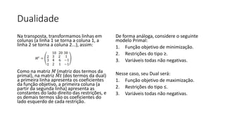 Dualidade
Na transposta, transformamos linhas em
colunas (a linha 1 se torna a coluna 1, a
linha 2 se torna a coluna 2...), assim:
Como na matriz 𝑀 (matriz dos termos da
primal), na matriz 𝑀𝑡 (dos termos da dual)
a primeira linha apresenta os coeficientes
da função objetivo, a primeira coluna (a
partir da segunda linha) apresenta as
constantes do lado direito das restrições, e
os demais termos são os coeficientes do
lado esquerdo de cada restrição.
De forma análoga, considere o seguinte
modelo Primal:
1. Função objetivo de minimização.
2. Restrições do tipo ≥.
3. Variáveis todas não negativas.
Nesse caso, seu Dual será:
1. Função objetivo de maximização.
2. Restrições do tipo ≤.
3. Variáveis todas não negativas.
 