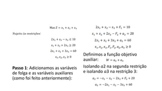 Passo 1: Adicionamos as variáveis
de folga e as variáveis auxiliares
(como foi feito anteriormente):
Definimos a função objetivo
auxiliar:
Isolando 𝑎2 na segunda restrição
e isolando 𝑎3 na restrição 3:
 