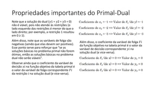Propriedades importantes do Primal-Dual
Note que a solução do dual (𝑦1 = 𝑦2 = 𝑦3 = 0)
não é viável, pois não atende às res...