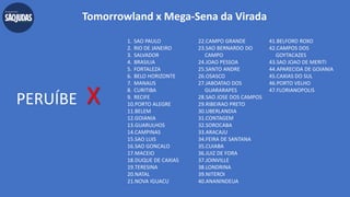 Tomorrowland x Mega-Sena da Virada
PERUÍBE
1. SAO PAULO
2. RIO DE JANEIRO
3. SALVADOR
4. BRASILIA
5. FORTALEZA
6. BELO HORIZONTE
7. MANAUS
8. CURITIBA
9. RECIFE
10.PORTO ALEGRE
11.BELEM
12.GOIANIA
13.GUARULHOS
14.CAMPINAS
15.SAO LUIS
16.SAO GONCALO
17.MACEIO
18.DUQUE DE CAXIAS
19.TERESINA
20.NATAL
21.NOVA IGUACU
22.CAMPO GRANDE
23.SAO BERNARDO DO
CAMPO
24.JOAO PESSOA
25.SANTO ANDRE
26.OSASCO
27.JABOATAO DOS
GUARARAPES
28.SAO JOSE DOS CAMPOS
29.RIBEIRAO PRETO
30.UBERLANDIA
31.CONTAGEM
32.SOROCABA
33.ARACAJU
34.FEIRA DE SANTANA
35.CUIABA
36.JUIZ DE FORA
37.JOINVILLE
38.LONDRINA
39.NITEROI
40.ANANINDEUA
41.BELFORD ROXO
42.CAMPOS DOS
GOYTACAZES
43.SAO JOAO DE MERITI
44.APARECIDA DE GOIANIA
45.CAXIAS DO SUL
46.PORTO VELHO
47.FLORIANOPOLIS
X
 