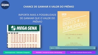 Comunicação Social – Publicidade e Propaganda PRVENMER - Promoção de Vendas e Merchandising Prof. Juliane Cavalcante Vitoriano da Silva
CHANCE DE GANHAR X VALOR DO PRÊMIO
IMPORTA MAIS A POSSIBILIDADE
DE GANHAR QUE O VALOR DO
PRÊMIO
 