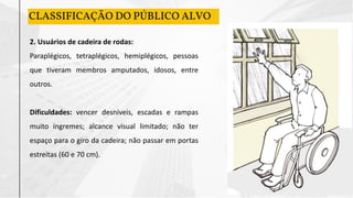 CLASSIFICAÇÃO DO PÚBLICO ALVO
2. Usuários de cadeira de rodas:
Paraplégicos, tetraplégicos, hemiplégicos, pessoas
que tiveram membros amputados, idosos, entre
outros.
Dificuldades: vencer desníveis, escadas e rampas
muito íngremes; alcance visual limitado; não ter
espaço para o giro da cadeira; não passar em portas
estreitas (60 e 70 cm).
 