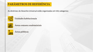 PARÂMETROS DE REFERÊNCIA
As diretrizes do Desenho Universal estão organizadas em três categorias:
Unidades habitacionais
Áreas comuns condominiais
Áreas públicas
 