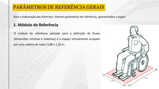 1. Módulo de Referência
PARÂMETROS DE REFERÊNCIA GERAIS
Para a elaboração das diretrizes, tiveram parâmetros de referência, apresentados a seguir.
O módulo de referência adotado para a definição de fluxos
(dimensões mínimas e máximas) é o espaço virtualmente ocupado
por uma cadeira de rodas: 0,80 x 1,20 m.
 