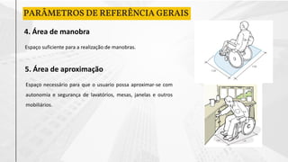 4. Área de manobra
PARÂMETROS DE REFERÊNCIA GERAIS
Espaço suficiente para a realização de manobras.
5. Área de aproximação
Espaço necessário para que o usuario possa aproximar-se com
autonomia e segurança de lavatórios, mesas, janelas e outros
mobiliários.
 