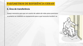 6. Área de transferência
PARÂMETROS DE REFERÊNCIA GERAIS
Espaço necessário para que um usuário de cadeira de rodas possa posicionar-
se próximo ao mobiliário ou equipamento para o qual necessita transferir-se.
 