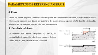 PARÂMETROS DE REFERÊNCIA GERAIS
8. Pisos
Devem ser firmes, regulares, estáveis e antiderrapante. Para revestimento cerâmico, o coeficiente de atrito
mínimo para pisos em nível deverá ser superior a 0,4 e, em rampas, superior a 0,75. Quanto a inclinação,
admite-se até 2% para pisos internos e 3% para pisos externos.
9. Desníveis mínimos
Os desníveis não devem ultrapassar 0,5 cm e, na
eventualidade de superá-lo, não devem exceder a 1,5 cm.
Entre 0,5 cm e 1,5 cm, será necessário chanfrá-los.
 
