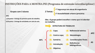INSTRUÇÕES PARA A MOSTRA PEI (Programa de extensão interdisciplinar)
Grupos com 3 alunos
AP2:
1,50 ponto = Entrega da primeira parte do trabalho;
0,50 ponto = Entrega de atividades em sala de aula.
AP1
AP2
AS
 