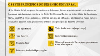 OS SETE PRINCÍPIOS DO DESENHO UNIVERSAL
→ Na década de 90, um grupo de arquitetos e defensores de uma arquitetura mais centrados no ser
humano e sua diversidade reuniu-se no Center for Universal Design, da Universidade da Carolina do
Norte, nos EUA, a fim de estabelecer critérios para que as edificações atendessem o maior número
de usuários possível. Esse grupo definiu então os sete princípios do desenho universal:
Uso equitativo
Uso flexível
Uso intuitivo
Informação de fácil percepção
Tolerância ao erro (segurança)
Esforço físico mínimo
Dimensionamento de espaços para acesso
e uso abrangente
 