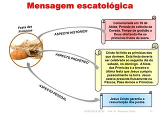 Mensagem escatológica
Jesus Cristo garantiu a
ressurreição dos justos.
Comemorada em 18 de
Abibe. Período de colheita da
Cevada. Tempo de gratidão a
Deus ofertando-lhe os
primeiros frutos da seara.
16/09/2018 06:34 Prof. Pr. Weverton Costa 17
Cristo foi feito as primícias dos
que dormem. Esta festa deveria
ser celebrada ao seguinte dia do
sábado, no domingo. A festa
das Primícias é a terceira e
última festa que Jesus cumpriu
pessoalmente na terra. Jesus
esteve presente fisicamente na
Páscoa, Pães Asmos e Primícias.
 