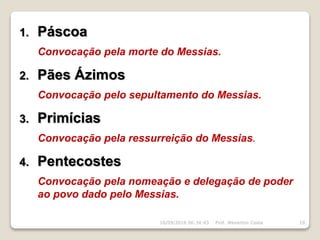 1. Páscoa
Convocação pela morte do Messias.
2. Pães Ázimos
Convocação pelo sepultamento do Messias.
3. Primícias
Convocação pela ressurreição do Messias.
4. Pentecostes
Convocação pela nomeação e delegação de poder
ao povo dado pelo Messias.
16/09/2018 06:34:43 Prof. Weverton Costa 19
 