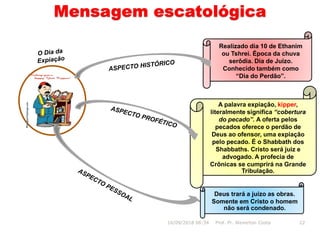 Mensagem escatológica
Deus trará a juízo as obras.
Somente em Cristo o homem
não será condenado.
Realizado dia 10 de Ethanim
ou Tshrei. Época da chuva
serôdia. Dia de Juízo.
Conhecido também como
“Dia do Perdão”.
16/09/2018 06:34 Prof. Pr. Weverton Costa 22
A palavra expiação, kipper,
literalmente significa “cobertura
do pecado”. A oferta pelos
pecados oferece o perdão de
Deus ao ofensor, uma expiação
pelo pecado. É o Shabbath dos
Shabbaths. Cristo será juiz e
advogado. A profecia de
Crônicas se cumprirá na Grande
Tribulação.
 
