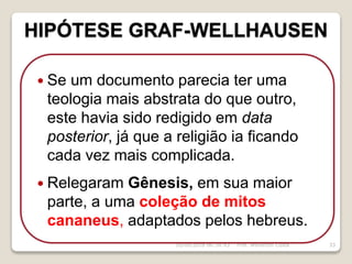 16/09/2018 06:34:43 Prof. Weverton Costa 33
 Se um documento parecia ter uma
teologia mais abstrata do que outro,
este havia sido redigido em data
posterior, já que a religião ia ficando
cada vez mais complicada.
 Relegaram Gênesis, em sua maior
parte, a uma coleção de mitos
cananeus, adaptados pelos hebreus.
HIPÓTESE GRAF-WELLHAUSEN
 