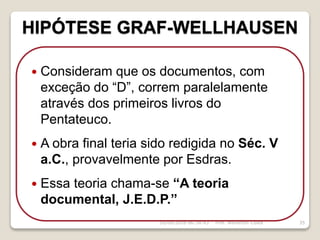 16/09/2018 06:34:43 Prof. Weverton Costa 35
 Consideram que os documentos, com
exceção do “D”, correm paralelamente
através dos primeiros livros do
Pentateuco.
 A obra final teria sido redigida no Séc. V
a.C., provavelmente por Esdras.
 Essa teoria chama-se “A teoria
documental, J.E.D.P.”
HIPÓTESE GRAF-WELLHAUSEN
 