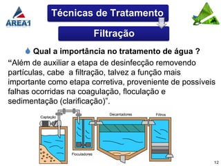Técnicas de Tratamento

                       Filtração
     Qual a importância no tratamento de água ?
“Além de auxiliar a etapa de desinfecção removendo
partículas, cabe a filtração, talvez a função mais
importante como etapa corretiva, proveniente de possíveis
falhas ocorridas na coagulação, floculação e
sedimentação (clarificação)”.




                                                        12
 