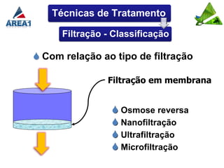 Técnicas de Tratamento

      Filtração - Classificação

 Com relação ao tipo de filtração

                Filtração em membrana


                  Osmose reversa
                  Nanofiltração
                  Ultrafiltração
                  Microfiltração
 