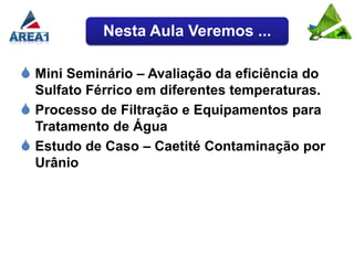Nesta Aula Veremos ...

 Mini Seminário – Avaliação da eficiência do
  Sulfato Férrico em diferentes temperaturas.
 Processo de Filtração e Equipamentos para
  Tratamento de Água
 Estudo de Caso – Caetité Contaminação por
  Urânio
 