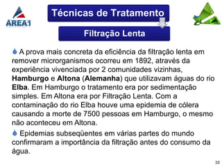 Técnicas de Tratamento

                      Filtração Lenta

 A prova mais concreta da eficiência da filtração lenta em
remover microrganismos ocorreu em 1892, através da
experiência vivenciada por 2 comunidades vizinhas,
Hamburgo e Altona (Alemanha) que utilizavam águas do rio
Elba. Em Hamburgo o tratamento era por sedimentação
simples. Em Altona era por Filtração Lenta. Com a
contaminação do rio Elba houve uma epidemia de cólera
causando a morte de 7500 pessoas em Hamburgo, o mesmo
não aconteceu em Altona.
 Epidemias subseqüentes em várias partes do mundo
confirmaram a importância da filtração antes do consumo da
água.
                                                              30
 