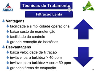 Técnicas de Tratamento

                    Filtração Lenta
 Vantagens
   facilidade e simplicidade operacional
   baixo custo de manutenção
   facilidade de controle
   grande remoção de bactérias
 Desvantagens
   baixa velocidade de filtração
   inviável para turbidez > 40 ppm
   inviável para turbidez + cor > 50 ppm
   grandes áreas de ocupação               38
 