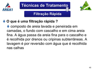 Técnicas de Tratamento

                  Filtração Rápida

 O que é uma filtração rápida ?
   composto de areia lavada e peneirada em
  camadas, o fundo com cascalho e em cima areia
  fina. A água passa da areia fina para o cascalho e
  é recolhida por drenos ou cripinas subterrâneas. A
  lavagem é por reversão com água que é recolhida
  nas calhas




                                                       40
 
