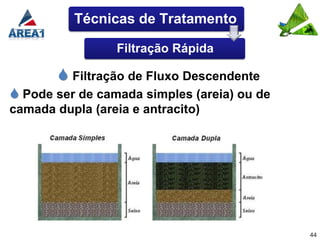 Técnicas de Tratamento

                  Filtração Rápida

         Filtração de Fluxo Descendente
 Pode ser de camada simples (areia) ou de
camada dupla (areia e antracito)




                                             44
 
