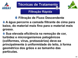 Técnicas de Tratamento

                  Filtração Rápida

         Filtração de Fluxo Descendente
 A água percorre a camada filtrante de cima para
baixo, do material mais fino para o material mais
grosso.
 Sua elevada eficiência na remoção de cor,
turbidez e microrganismos patogênicos
(coliformes, vírus, protozoários) deve-se
principalmente à uniformidade do leito, à forma
geométrica dos grãos e ao tamanho das
partículas.
                                                    45
 