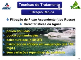 Técnicas de Tratamento

                  Filtração Rápida

     Filtração de Fluxo Ascendente (tipo Russo)
             Características da Águas
   pouco poluídas
   pouco contaminadas
   baixa turbidez (< 50 UT)
   baixo teor de sólidos em suspenção (até 150
    mg/L)
   sem variações repentinas de qualidade
                                                   50
 