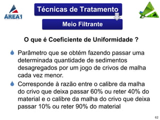 Técnicas de Tratamento

                    Meio Filtrante

      O que é Coeficiente de Uniformidade ?

 Parâmetro que se obtém fazendo passar uma
    determinada quantidade de sedimentos
    desagregados por um jogo de crivos de malha
    cada vez menor.
   Corresponde à razão entre o calibre da malha
    do crivo que deixa passar 60% ou reter 40% do
    material e o calibre da malha do crivo que deixa
    passar 10% ou reter 90% do material
                                                       62
 