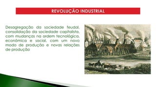 Desagregação da sociedade feudal,
consolidação da sociedade capitalista,
com mudanças na ordem tecnológica,
econômica e social, com um novo
modo de produção e novas relações
de produção
 