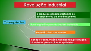 Consequências:
a produção agrícola destinada ao
abastecimento de matérias primas
fluxo migratório para as cidades industriais
expulsão dos camponeses
Inchaço urbano,miséria,mendicância,prostituição,
alcoolismo, promiscuidade, epidemias.
 