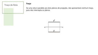 Traço
Se uma reta é paralela aos dois planos de projeção, não apresentará nenhum traço,
pois não intercepta os planos
Traço de Reta
 
