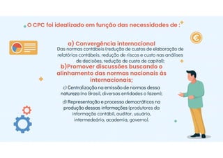 Das normas contábeis (redução de custos de elaboração de
relatórios contábeis, redução de riscos e custo nas análises
de decisões, redução de custo de capital);
O CPC foi idealizado em função das necessidades de :
b)Promover discussões buscando o
alinhamento das normas nacionais às
internacionais;
c) Centralização na emissão de normas dessa
natureza (no Brasil, diversas entidades o fazem);
d) Representação e processo democráticos na
produção dessas informações (produtores da
informação contábil, auditor, usuário,
intermedeário, academia, governo).
a) Convergência internacional
 