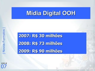 Mídia Digital OOH 2007: R$ 30 milhões 2008: R$ 73 milhões 2009: R$ 90 milhões 