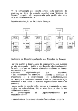 => Na estruturação por produto-serviço, cada segmento da
empresa ou linha de produto constitui uma “Unidade de
Negócio”, portanto, são responsáveis pela gestão dos seus
recursos e pelos resultados.
Departamentalização por Produto ou Serviços:
Vantagens da Departamentalização por Produtos ou Serviços
·permite avaliar o desempenho do departamento pelo sucesso
ou não do produto; · facilita a coordenação interdepartamental,
fazendo com que as diversas atividades funcionais se tornem
secundárias e se
sujeitemao objetivoprincipal
· pela flexibilidade da estrutura,
que éoproduto;
permite a inovação, o
e a diversificação de produtos/serviços;
é predominantemente sobre os produtos/serviços
não sobre a estrutura organizacional interna da
crescimento
·o enfoque
realizados e
empresa;
·menor custo de coordenação, porque a organização é auto-
contida ou auto-suficiente, isto é, não depende das demais
unidades da empresa.
=> Desvantagens da Departamentalização por
Produtos/Serviços:
· ao contrário da departamentalização funcional que concentra
 