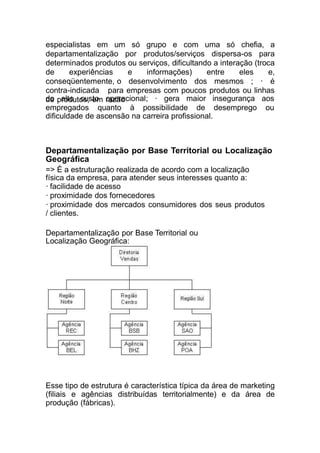 especialistas em um só grupo e com uma só chefia, a
departamentalização por produtos/serviços dispersa-os para
determinados produtos ou serviços, dificultando a interação (troca
de experiências e informações) entre eles e,
conseqüentemente, o desenvolvimento dos mesmos ; · é
contra-indicada para empresas com poucos produtos ou linhas
de produtos, em razãodo alto custo operacional; · gera maior
empregados quanto à possibilidade de
insegurança aos
desemprego ou
dificuldade de ascensão na carreira profissional.
Departamentalização por Base Territorial ou Localização
Geográfica
=> É a estruturação realizada de acordo com a localização
física da empresa, para atender seus interesses quanto a:
· facilidade de acesso
· proximidade dos fornecedores
· proximidade dos mercados consumidores dos seus produtos
/ clientes.
Departamentalização por Base Territorial ou
Localização Geográfica:
Esse tipo de estrutura é característica típica da área de marketing
(filiais e agências distribuídas territorialmente) e da área de
produção (fábricas).
 