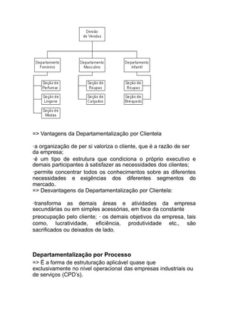 => Vantagens da Departamentalização por Clientela
·a organização de per si valoriza o cliente, que é a razão de ser
da empresa;
·é um tipo de estrutura que condiciona o próprio executivo e
demais participantes à satisfazer as necessidades dos clientes;
·permite concentrar todos os conhecimentos sobre as diferentes
necessidades e exigências dos diferentes segmentos do
mercado.
=> Desvantagens da Departamentalização por Clientela:
·transforma as demais áreas e atividades da empresa
secundárias ou em simples acessórias, em face da constante
preocupação pelo cliente; · os demais objetivos da empresa, tais
como, lucratividade, eficiência, produtividade etc., são
sacrificados ou deixados de lado.
Departamentalização por Processo
=> É a forma de estruturação aplicável quase que
exclusivamente no nível operacional das empresas industriais ou
de serviços (CPD’s).
 