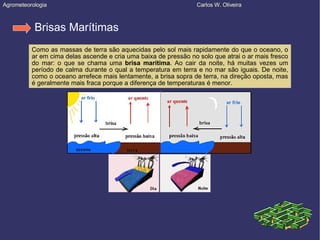Agrometeorologia  Carlos W. Oliveira Brisas Marítimas Como as massas de terra são aquecidas pelo sol mais rapidamente do que o oceano, o ar em cima delas ascende e cria uma baixa de pressão no solo que atrai o ar mais fresco do mar: o que se chama uma  brisa marítima . Ao cair da noite, há muitas vezes um período de calma durante o qual a temperatura em terra e no mar são iguais. De noite, como o oceano arrefece mais lentamente, a brisa sopra de terra, na direção oposta, mas é geralmente mais fraca porque a diferença de temperaturas é menor. 