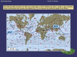 Agrometeorologia  Carlos W. Oliveira No mês de julho (inverno no HS), por outro lado, a ZCIT desloca-se para o norte, o que contribui para a diminuição das chuvas nas regiões SE, CO e inclusive em parte da região N do Brasil. ZCIT ZCIT 