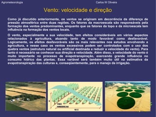 Agrometeorologia  Carlos W Oliveira Como já discutido anteriormente, os ventos se originam em decorrência da diferença de pressão atmosférica entre duas regiões. Os fatores da macroescala são responsáveis pela formação dos ventos predominantes, enquanto que os fatores da topo e da microescala tem influência na formação dos ventos locais. O vento, especialmente a sua velocidade, tem efeitos consideráveis em vários aspectos relacionados à agricultura, atuando tanto de modo favorável como desfavorável. Logicamente, os efeitos desfavoráveis são os mais relevantes nos estudos envolvendo a agricultura, e nesse caso os ventos excessivos podem ser controlados com o uso dos quebra ventos (estrutura natural ou artificial destinada a reduzir a velocidade do vento). Para tanto é necessário se conhecer sua direção e velocidade. Além disso, a velocidade do vento é muito importante no processo de evapotranspiração, exercendo grande influência no consumo hídrico das plantas. Essa variável será também muito útil na estimativa da evapotranspiração das culturas e, conseqüentemente, para o manejo da irrigação. Vento: velocidade e direção 