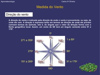 Agrometeorologia  Carlos W Oliveira Medida do Vento Direção do vento A direção do vento é indicada pela direção de onde o vento é proveniente, ou seja, de onde ele vem. A direção é expressa tanto em termos da direção de onde ele provém comoem termos do azimute, isto é, do ângulo que o vetor da direção forma com o Norte geográfico local. Assim, um vento de SE terá um ângulo variando entre 91 e 179º. 0 o 90 o 180 o 270 o 1 a 89 o 91 a 179 o 181 a 269 o 271 a 359 o 