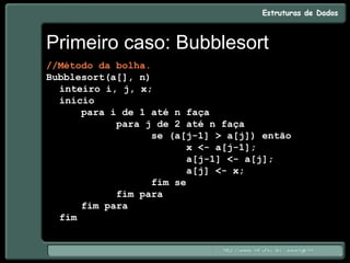 Primeiro caso: Bubblesort
//Método da bolha.
Bubblesort(a[], n)
inteiro i, j, x;
início
para i de 1 até n faça
para j de 2 até n faça
se (a[j-1] > a[j]) então
x <- a[j-1];
a[j-1] <- a[j];
a[j] <- x;
fim se
fim para
fim para
fim
 