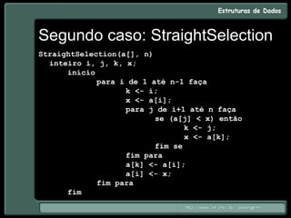 Segundo caso: StraightSelection
StraightSelection(a[], n)
inteiro i, j, k, x;
início
para i de 1 até n-1 faça
k <- i;
x <- a[i];
para j de i+1 até n faça
se (a[j] < x) então
k <- j;
x <- a[k];
fim se
fim para
a[k] <- a[i];
a[i] <- x;
fim para
fim
 
