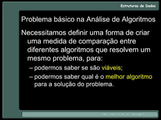 Problema básico na Análise de Algoritmos
Necessitamos definir uma forma de criar
uma medida de comparação entre
diferentes algoritmos que resolvem um
mesmo problema, para:
– podermos saber se são viáveis;
– podermos saber qual é o melhor algoritmo
para a solução do problema.
 