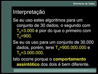 Interpretação
Se eu uso estes algoritmos para um
conjunto de 30 dados, o segundo com
Tb=3.000 é pior do que o primeiro com
Ta=900.
Se eu os uso para um conjunto de 30.000
dados, porém, terei Ta=900.000.000 e
Tb=3.000.000.
Isto ocorre porque o comportamento
assintótico dos dois é bem diferente.
 