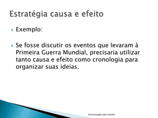    Exemplo:

   Se fosse discutir os eventos que levaram à
    Primeira Guerra Mundial, precisaria utilizar
    tanto causa e efeito como cronologia para
    organizar suas ideias.




                             Comunicação oral e escrita
 